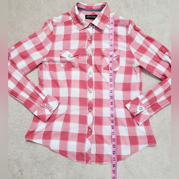 North River Women’s Pearl Snap Western Shirt Medium Pink White Plaid 100% Cotton - Picture 13 of 13